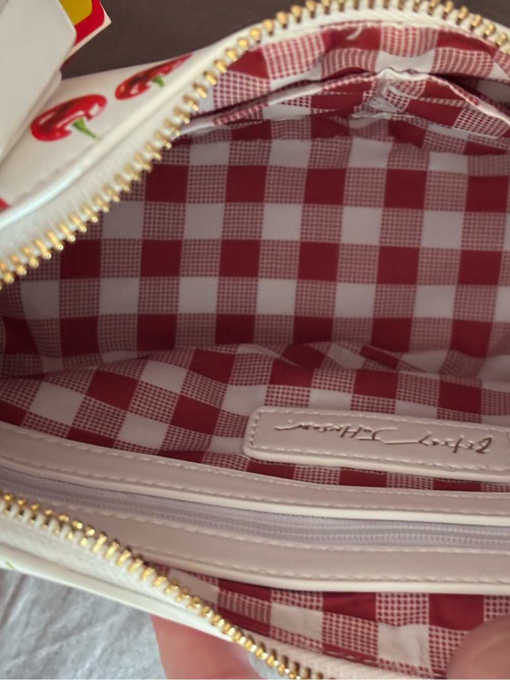 New Betsey Johnson White Cherry Print Shoulder Bag Pom Pom cherries vegan $108 - Picture 5 of 7